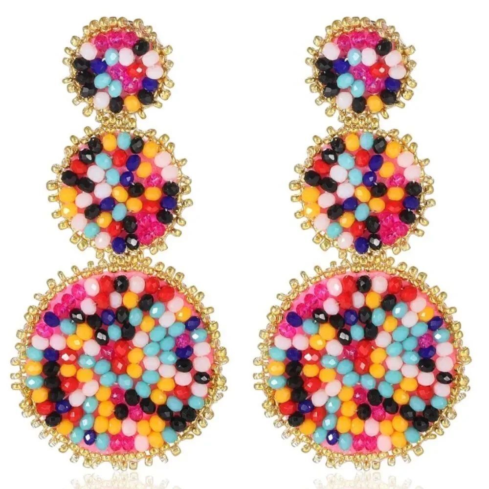 Multicolored and Gold Beaded Triple Disc Round Boho Drop Statement Post Earrings